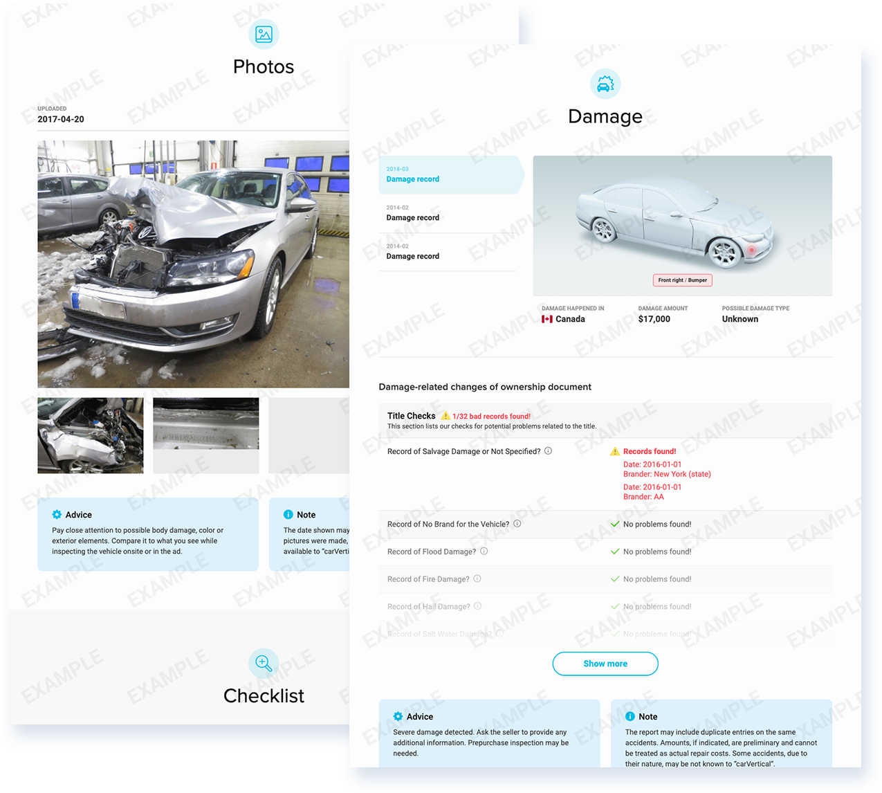 Sample carVertical vehicle history report: photos from past adverts and recorded damage
